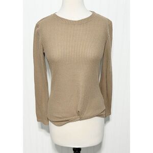 Women's Waffle Knit Twist Knot Long Sleeve Pullover Sweater Khaki Tan Size Small